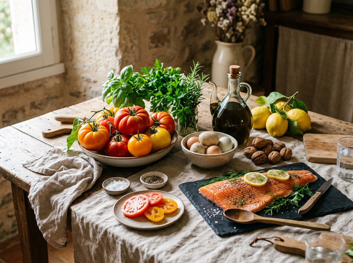 Masă rustică plină cu legume proaspete, pește, ouă, nuci și ulei de măsline