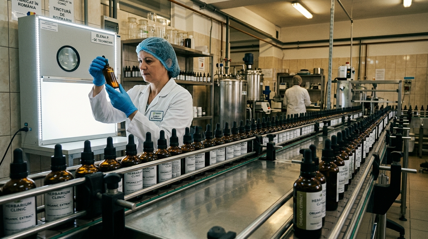 Tehnician de laborator verificând flacoanele de extracte botanice pe linia de control