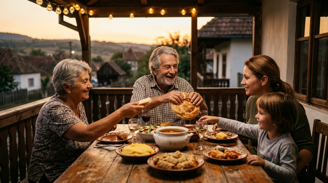 Radu râzând la masă cu familia sa