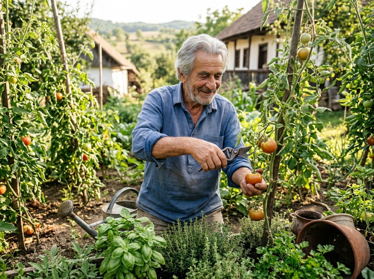 Bărbat îngrijind grădina de legume