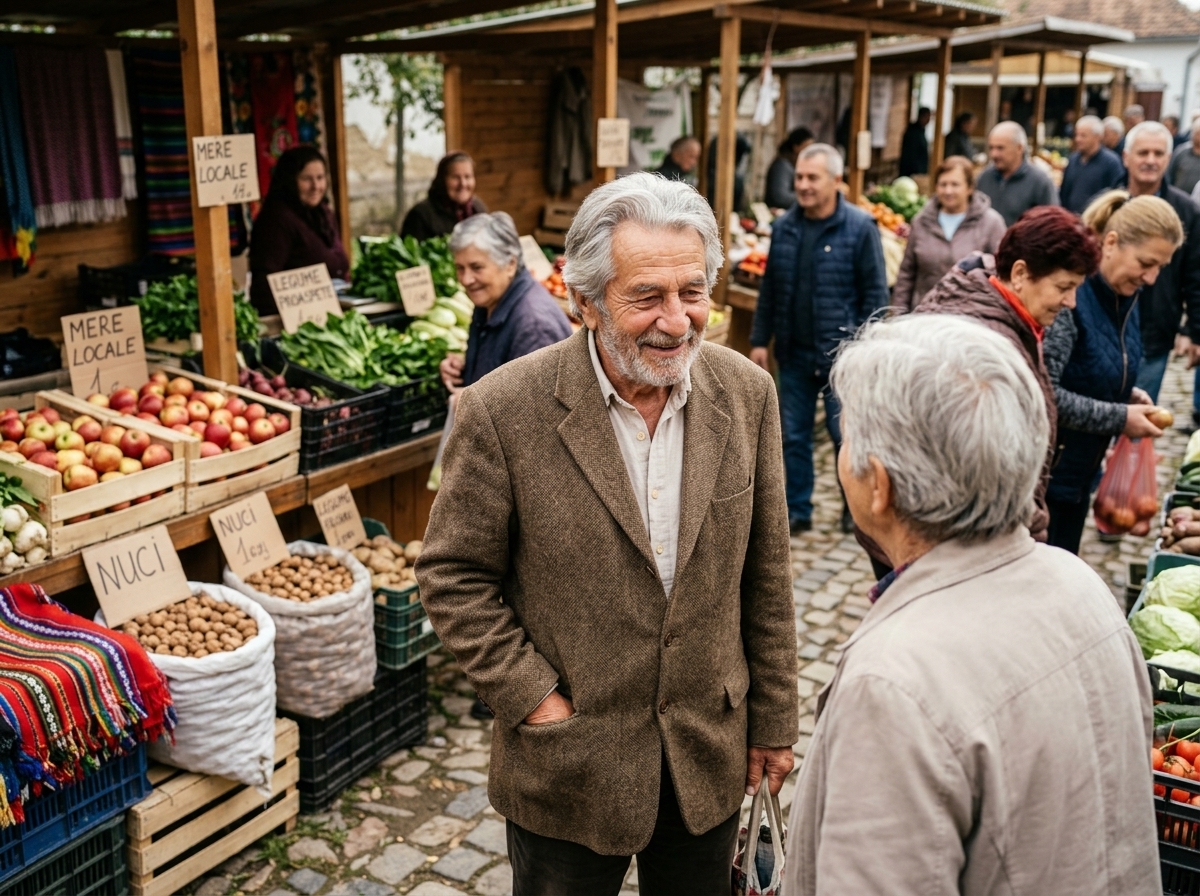 Radu discutând zâmbind cu un vânzător la piața locală de legume